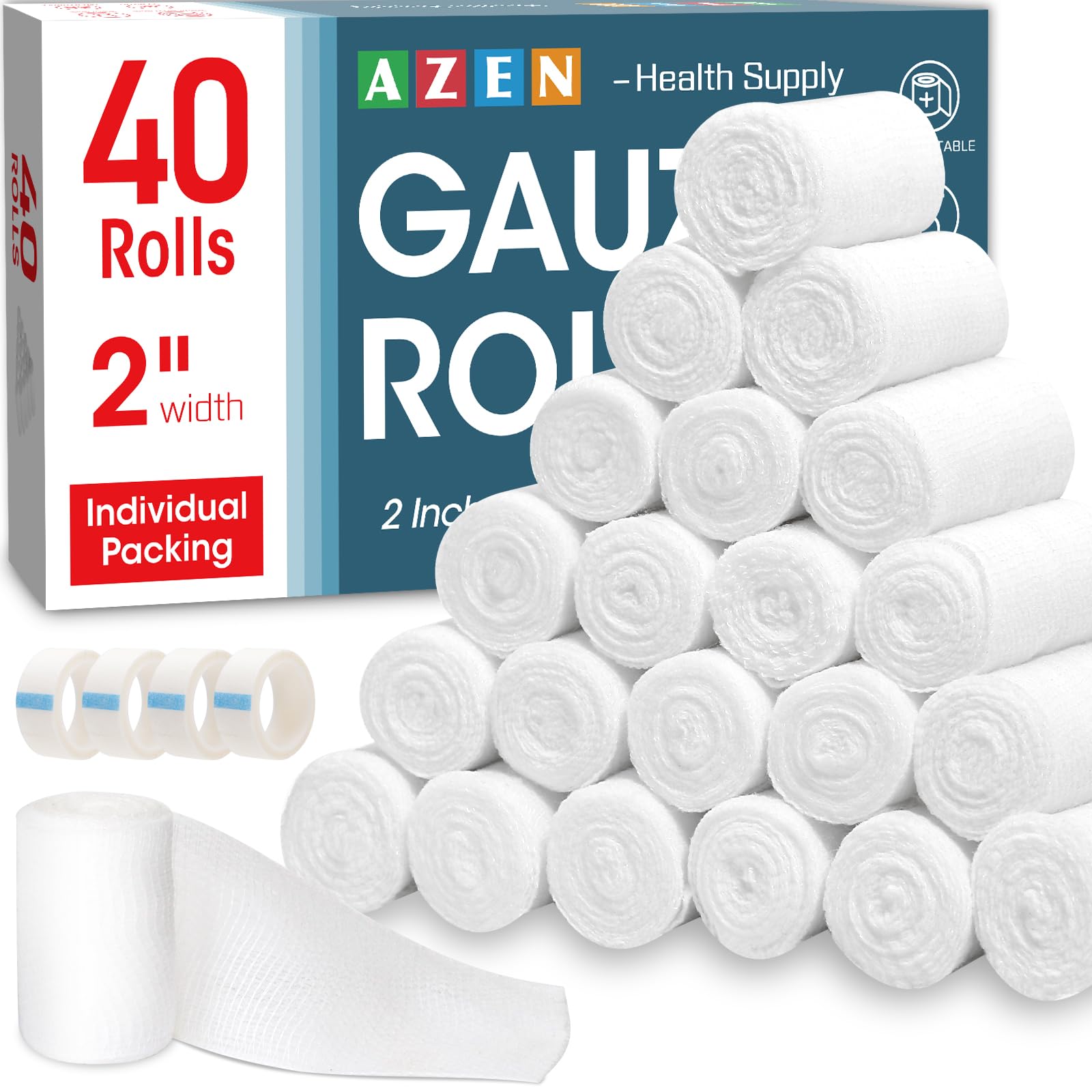 AZEN 40 Pack Gauze Rolls Bandages, 2 in x 4.1 Yards, Premium Medical Supplies & First Aid Supplies, Bandage Wrap Vet Wrap, Mummy Wraps