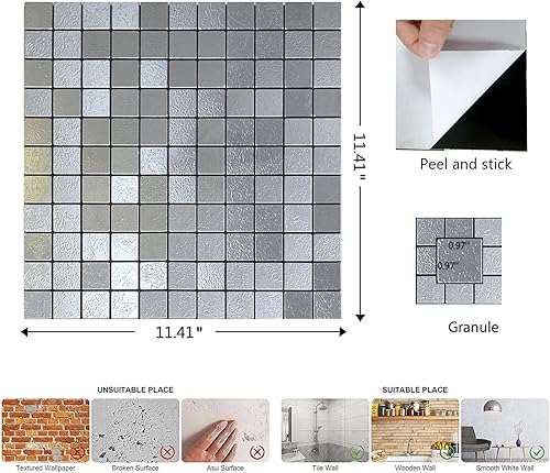 Miniatura 4 de XUANINY Azulejos de 10 hojas de azulejos en muro para despegar y pegar, superficie de aluminio cepillado de mosaico de metal para pared de cocina
