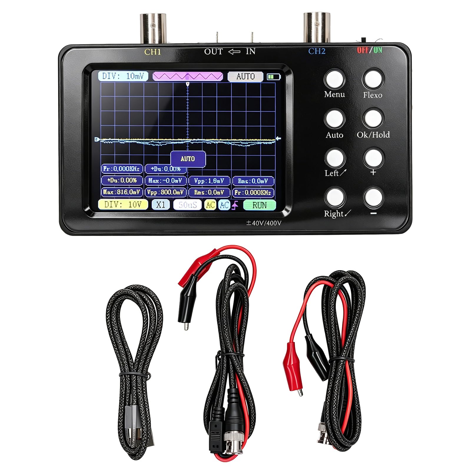 Fyearfly Osciloscopio de Doble Canal, Multímetro de Osciloscopio Digital Generador de Señal Portátil de 2 Canales Ancho de Banda de 2Mhz con Pantalla LCD Retroiluminada + Pinza de Cocodrilo