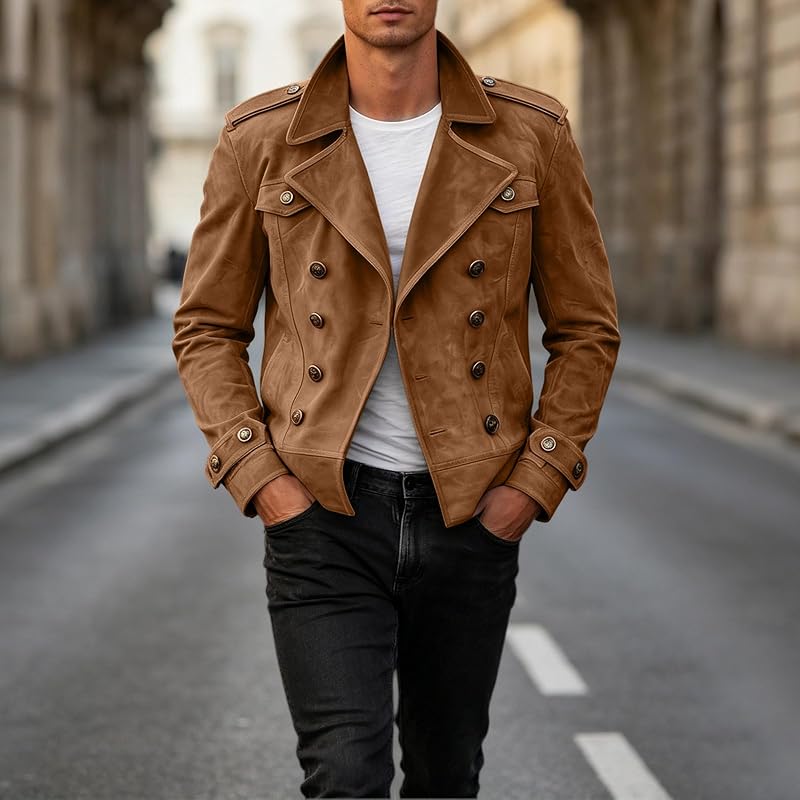 fartey Suede Jacket Men Double Breasted Collared – product photo 7 of 7