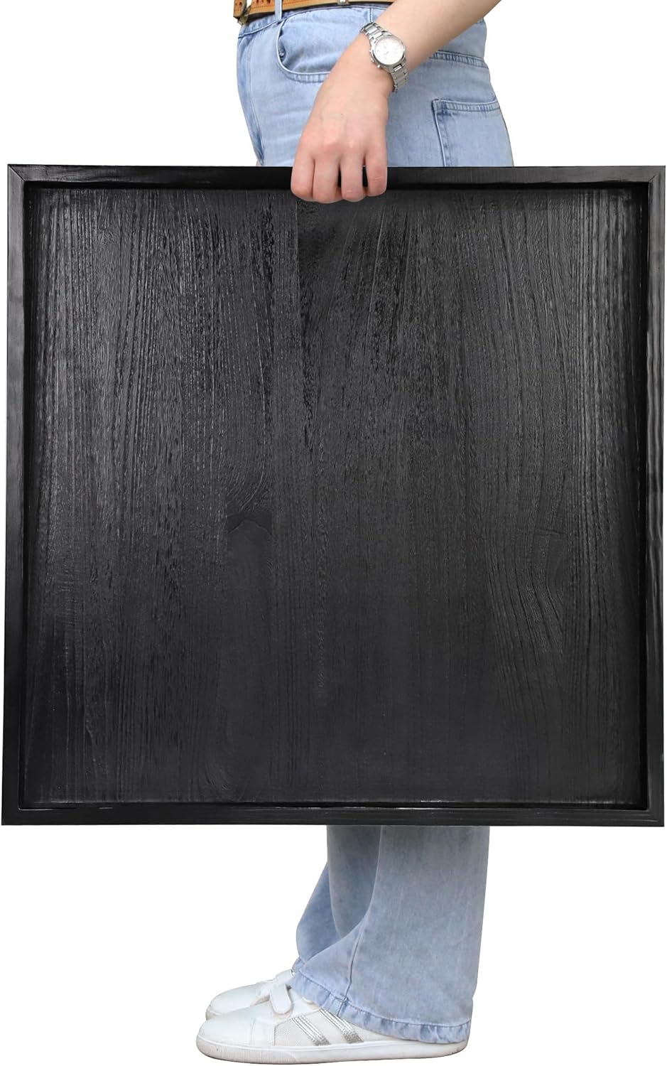 Round Ottoman Table Tray Round-24 - Rustic Wooden Serving Tray for Farmhouse Decorative Oversized Coffee Table Trays Living Room Kitchen Counter Breakfast Nature