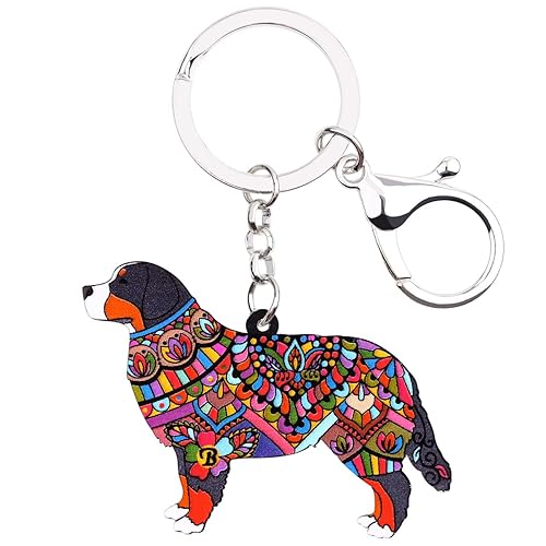 WEVENI Acrylic Bernese Mountain Dog Floral Keychains Pets Key Ring