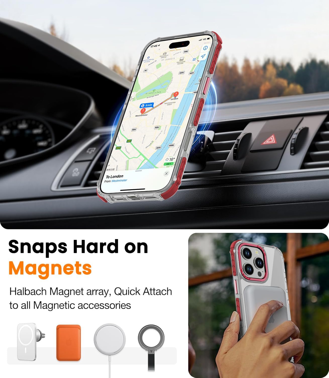 DEERLAMN Strong Magnetic Case for iPhone 16 Pro Max 6.9-Inch,[Compatible with Magsafe][Military Grade Drop Protection] Clear Slim Shockproof Protective Phone Cover-Transparent+Red - Image 5