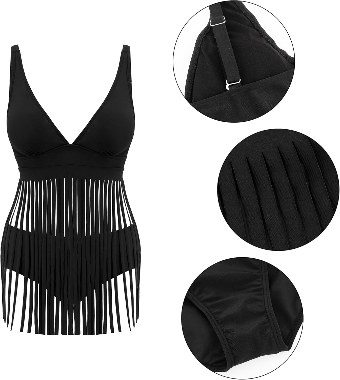 Women's Colorful Flowy Fringe Trim Swimsuit Spaghetti Strap Bikinis Set Tummy Control Full Bathing Suit