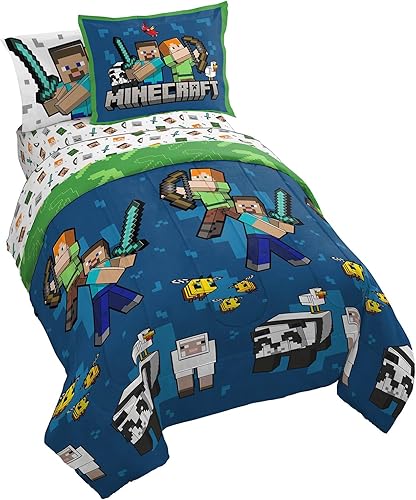 Minecraft - Juego de edredón tamaño individual, ropa de cama de 5 piezas, incluye juego de sábanas y fundas de almohada, ropa de cama súper suave