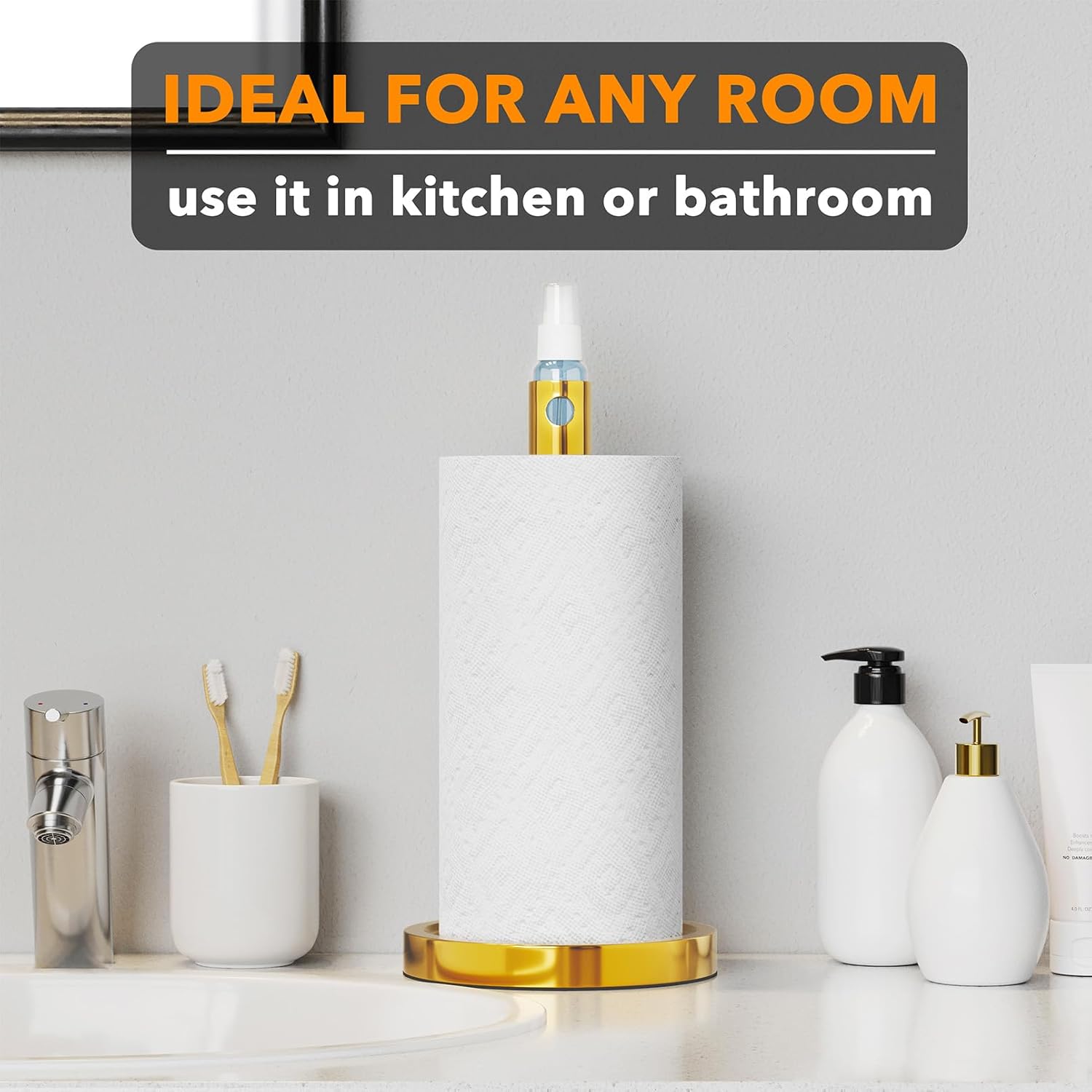 SpaceAid 2 in 1 Paper Towel Holder with Spray Bottle, Countertop Paper Towels Holders Stand with Sprayer Inside Center, Under Cabinet Papertowels Roller for Kitchen and Bathroom (Gold)