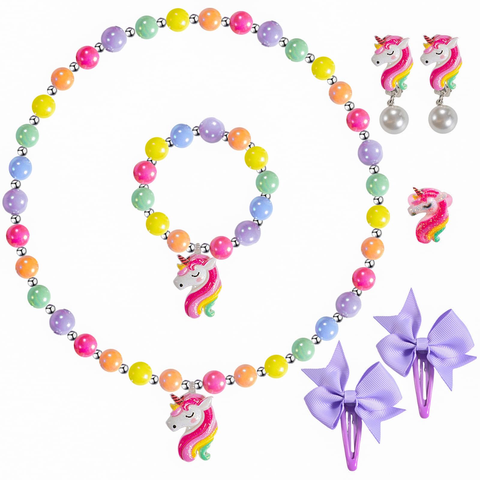 Klorify Handmade Unicorn Kids Jewelry Set for Little Girls - Elastic Necklace Bracelet - Clip On Earrings - Adjustable Rings - Bow Hair Clips -