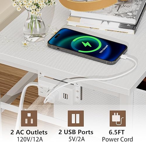 Miniatura 6 de Furologee Escritorio para computadora de 61 pulgadas con archivador de tela y mesitas de noche blancas, juego de 2 con estación de carga