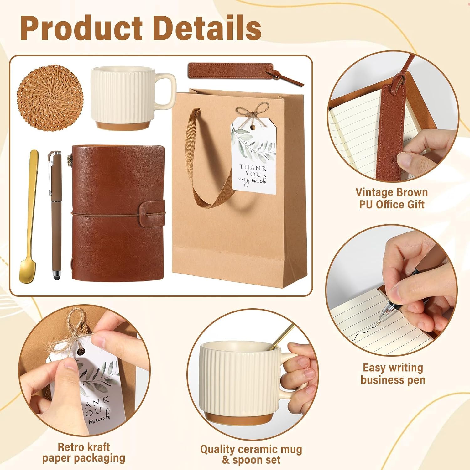 6 Sets Kraft Baby Shower Prizes for Game Winners Party Favor Gifts for Guests Ceramic Mugs Spoons Woven Coasters PU Notebooks Bookmarks Pens Kraft Bags and Tags Set Wedding Bridal Shower Favors(Brown)