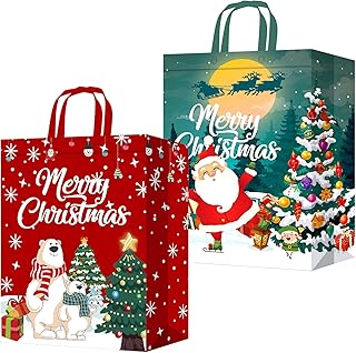 2 Pack Christmas Tote Bag, Extra Large Reusable Grocery Bag with Handle, Present Bag, Shopping Bag for Holiday Xmas Event Party