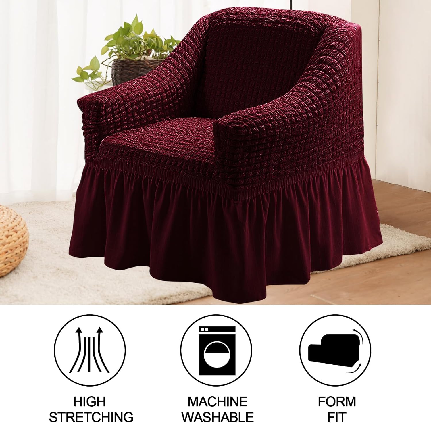 JIAN YA NA 1 Piece Sofa Cover with Skirt New Universal Couch Cover Slipcover with Elastic Bottom Waterproof Individual Furniture Bed Protector Great for Kids, Dogs, Pets (Wine Red,1 Seat)
