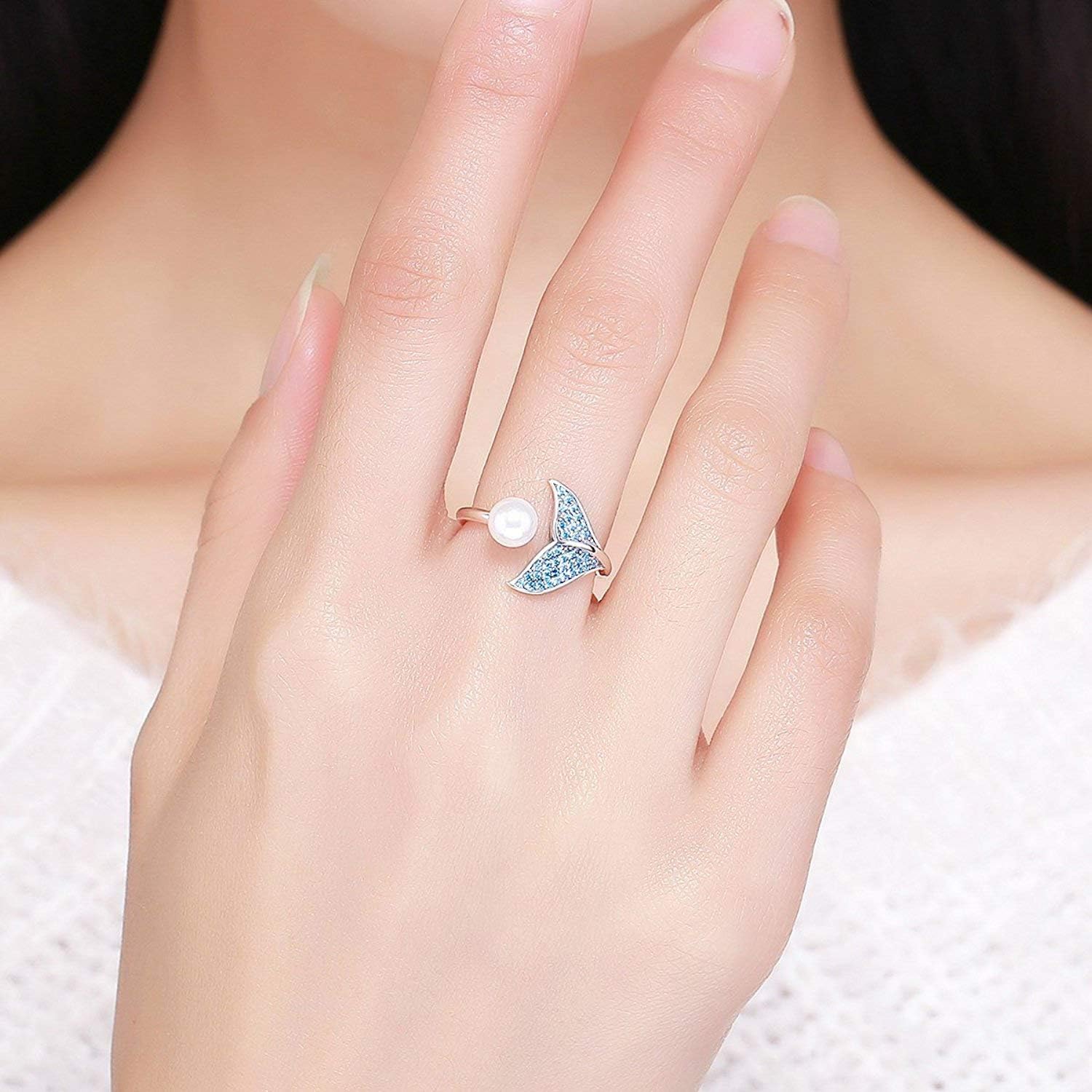 FOREVER QUEEN Mermaid Tail Ring, S925 Sterling Silver Dolphin Tail Adjustable Finger Ring for Women Girls Open Ring with Blue Cubic Zirconia& Shell Pearl Valentine's Day Gift: Clothing, Shoes & Jewelry