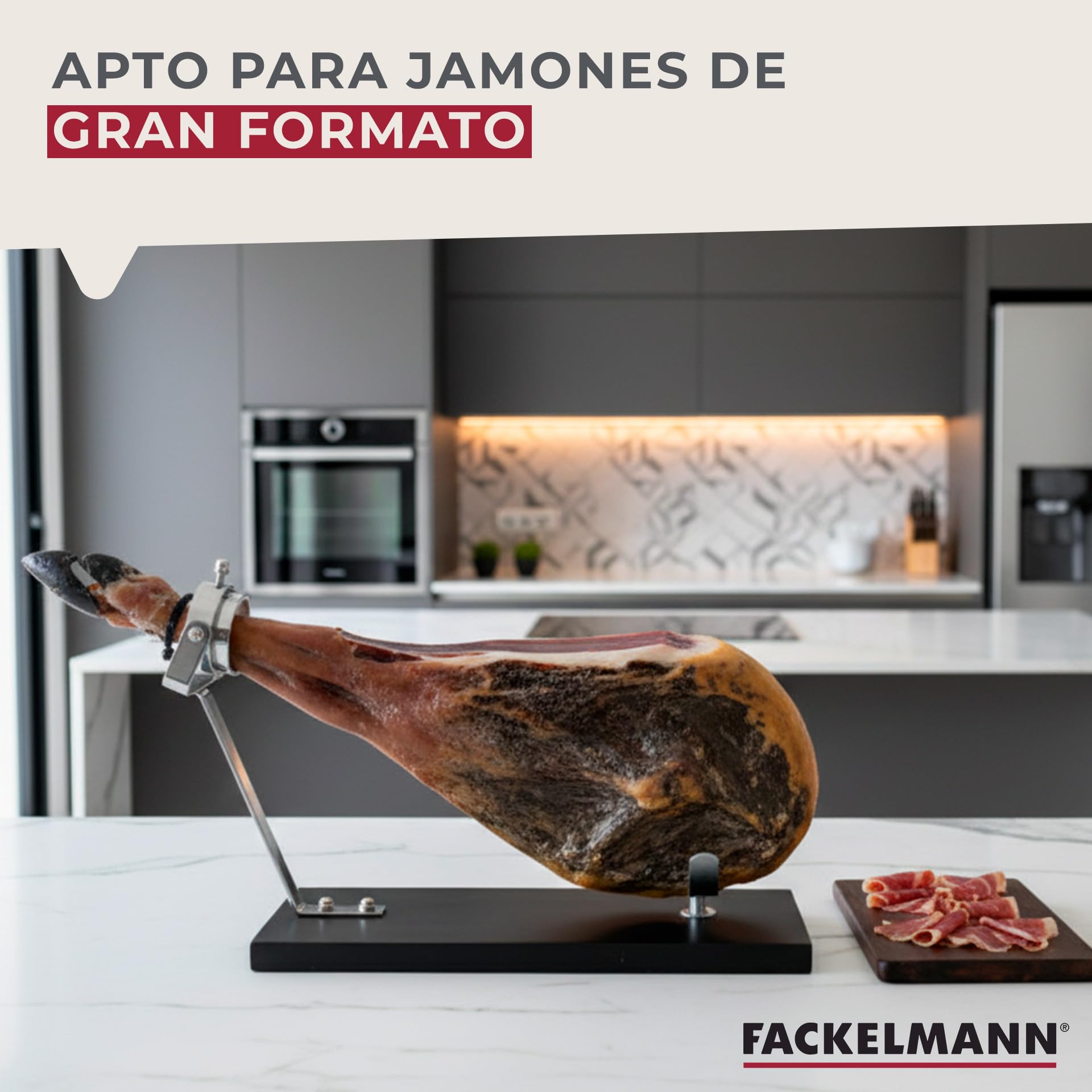 Fackelmann Jamonero Giratorio XXL Negro, Madera de Pino 48x34x17 cm, Base Estable para Jamones Grandes, Giro 360°, Herrajes Metálicos Robustos, Fácil Montaje, Uso Profesional o Doméstico