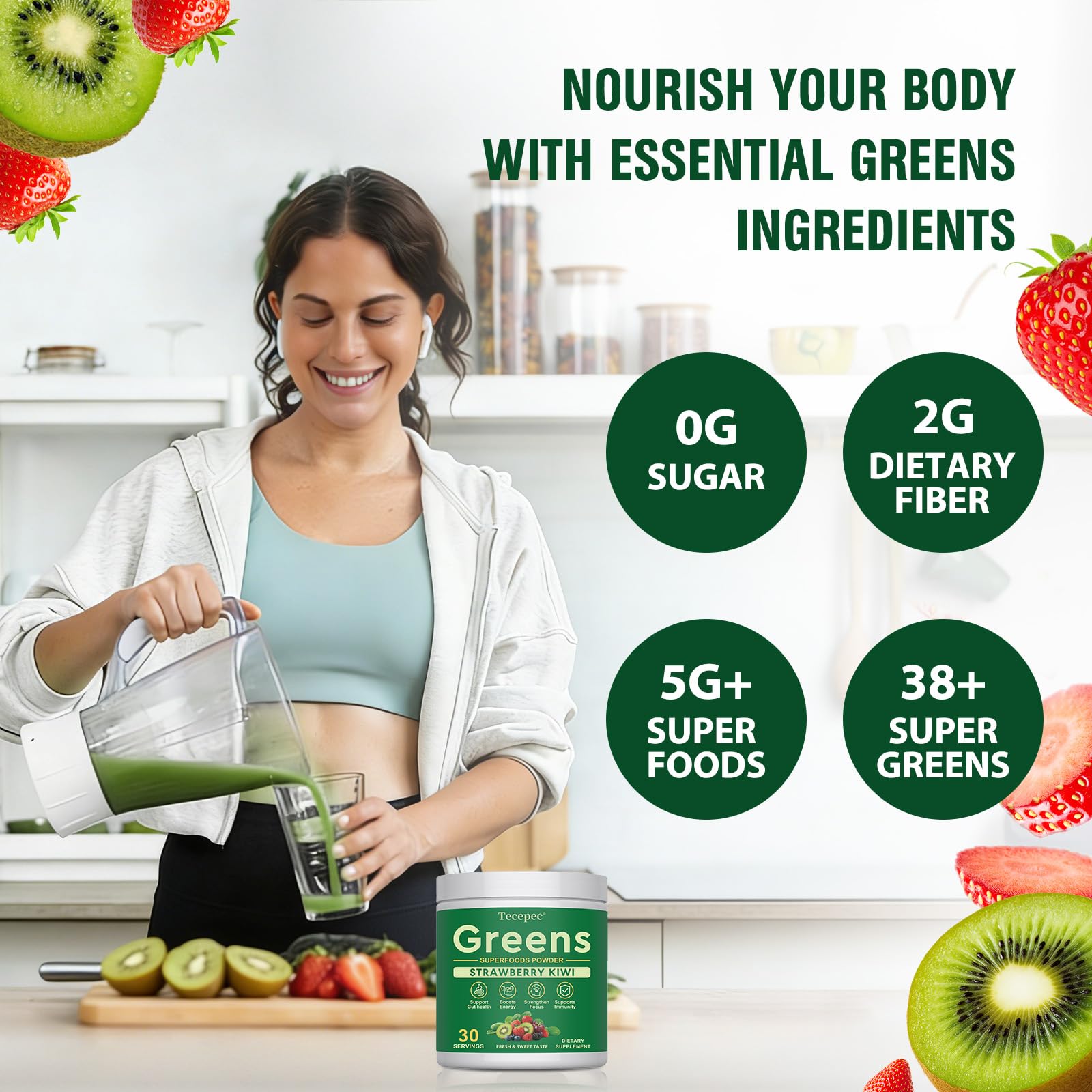 Super Greens Powder Superfood, Greens Juice Drink Mix with Spirulina, Chlorella, Adaptogens & Fiber, Digestive Enzymes, Pre + Probiotics Supplement for Women & Men Bloating & Gut Health, 30 Servings — Amazon image 5