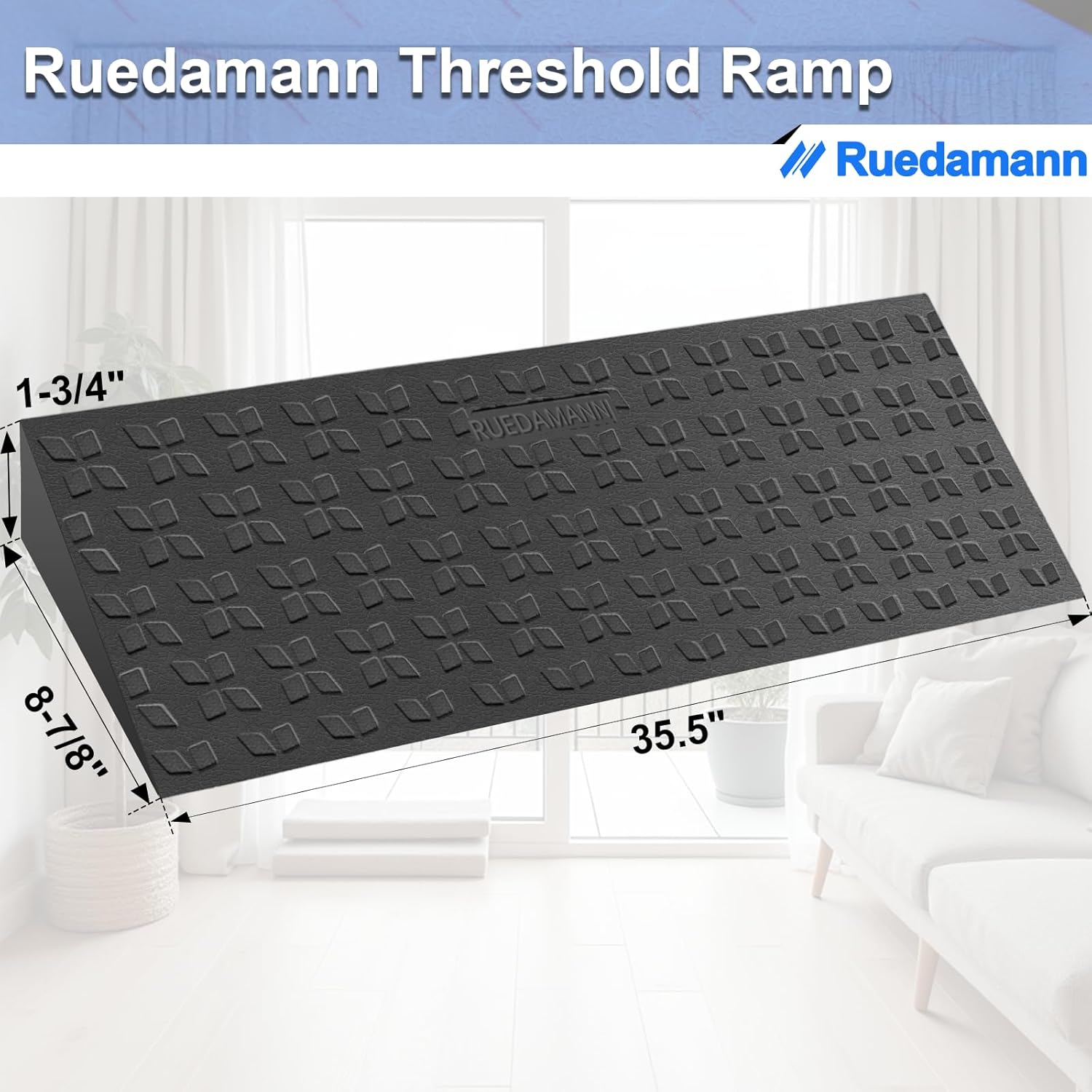 Ruedamann 1.8" Rise Threshold Ramps for Doorways, Sturdy Rubber Threshold Ramp, Non-Slip Ramp for Wheelchair for Home, Adjustable and Cuttable for Wheelchairs, Scooters, Sweepers, Curbs