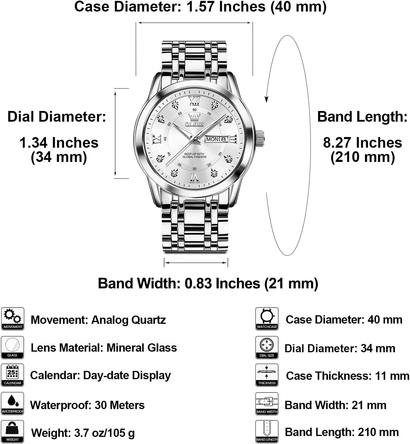 OLEVS Men's Stainless Steel Watch, Large Face Roman Numerals Diamond Accented Three-Hand Analog Quartz Watches for Men, Easy to Read Day Date Waterproof Luminous Mens Wristwatch - Image 6