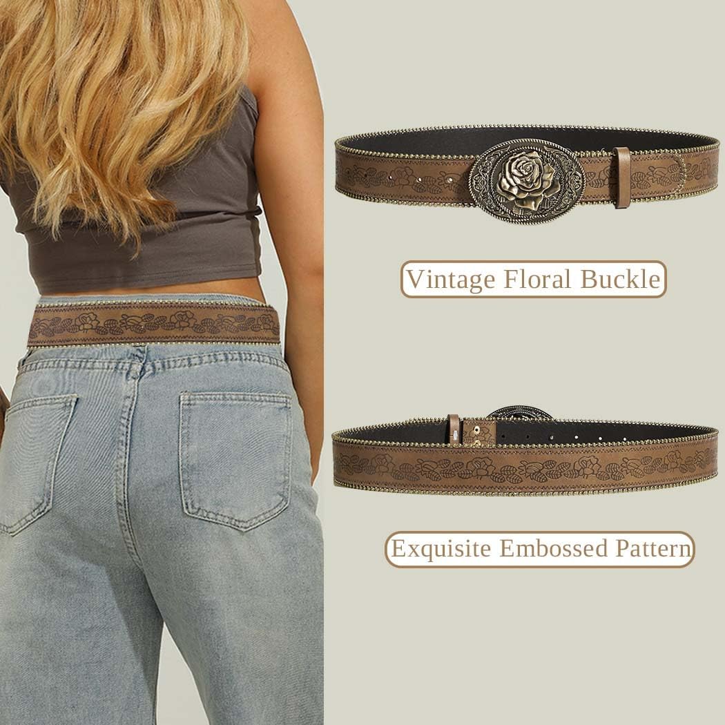 Women Western Belt with Heart Embossed Buckle Vintage Brown Belt for Jeans Pant Dress Cowgirl Cowboy Belts - Image 6