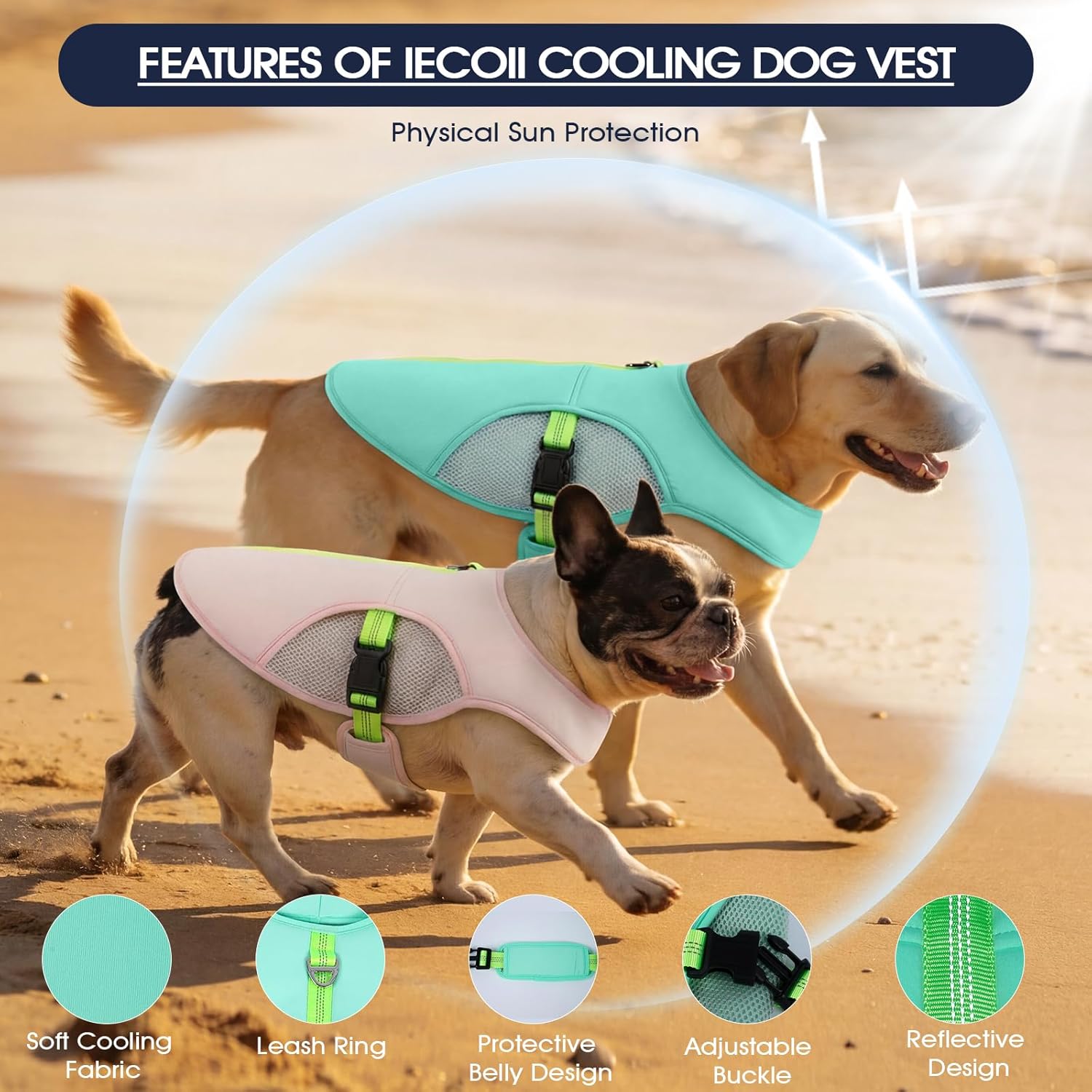 IECOii Dog Cooling Vest for Summer with Leash Ring, Breathable Pet Cooling Harness, Reflective Lightweight Dog Cooler Vest for Hiking, Beach, Outdoor Activities, Turquoise, Size 3XL