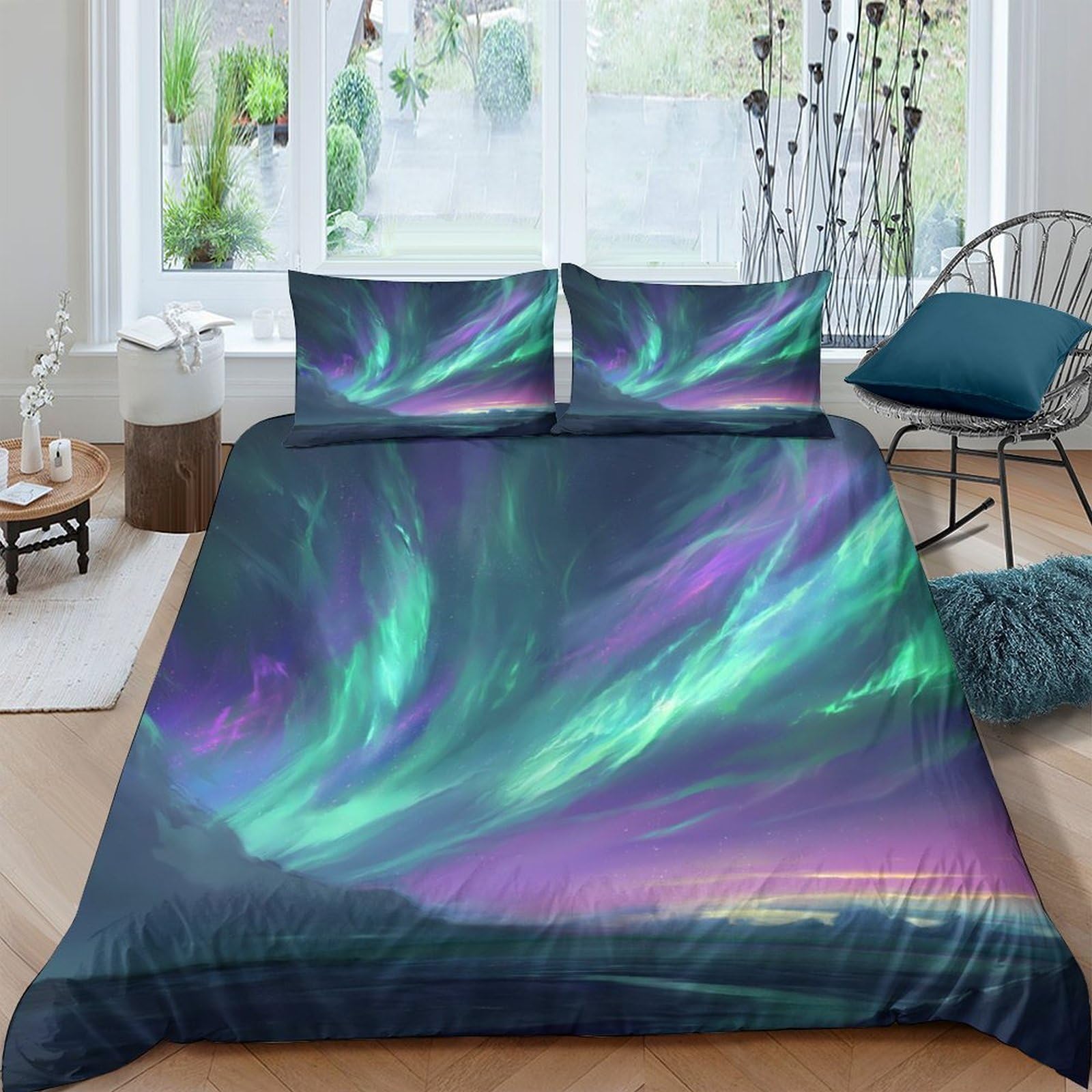 Ctjqhvkz Style-9 3D Printed Aurora Borealis Fitted Sheet Microfiber Soft Bedroom Decor Northern Lights Mattress Cover Anti-Slip Easy Care Single（135X200cm）