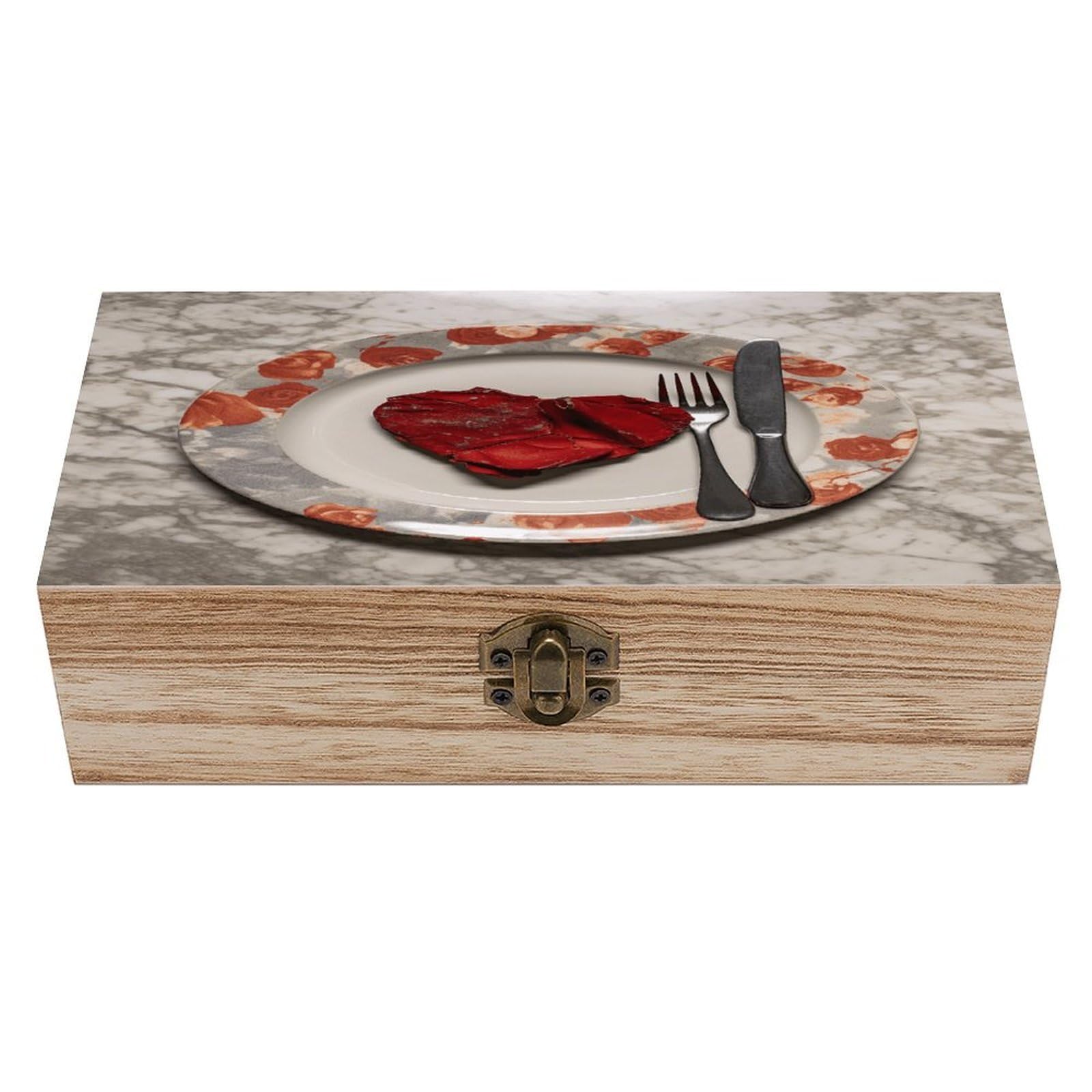 asbwuo Heart Shape on Plate Wood Keepsake Box Wooden Box with Hinged Lid