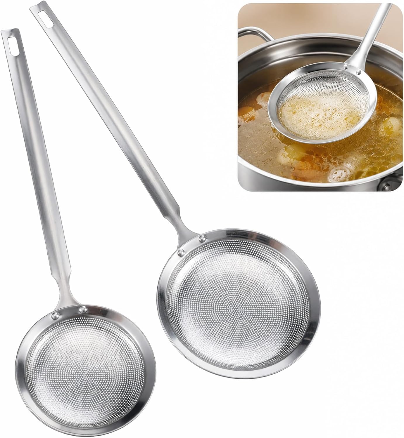 2 Pcs Stainless Steel Kitchen Sieve, Fine Mesh Strainer, Skimmer Strainers
