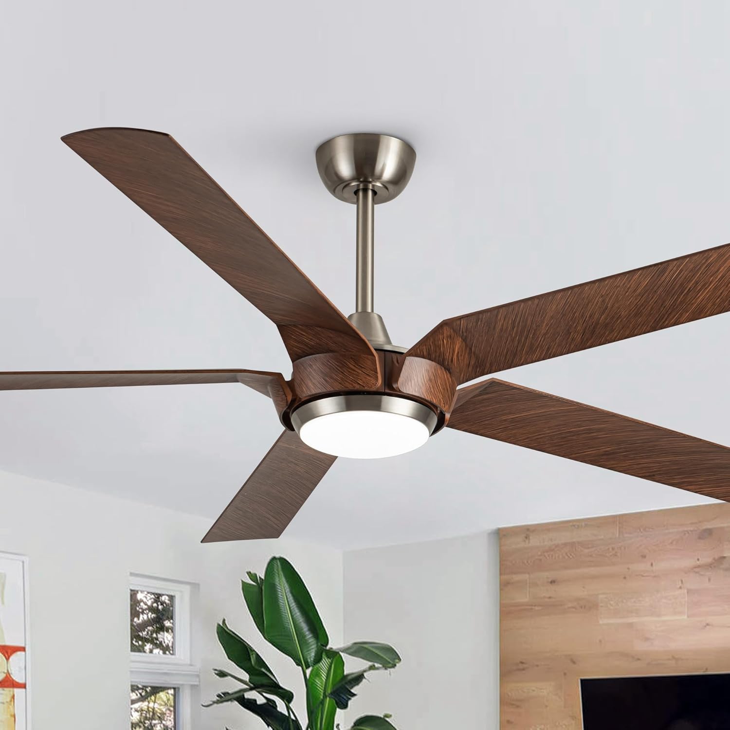 Parrot Uncle 65 Inch Ceiling Fans with Lights and Remote, Farmhouse Large Ceiling Fan for Living Room Bedroom, 6 Speeds, Reversible DC Motor, Indoor Outdoor Used, Nickel/Walnut