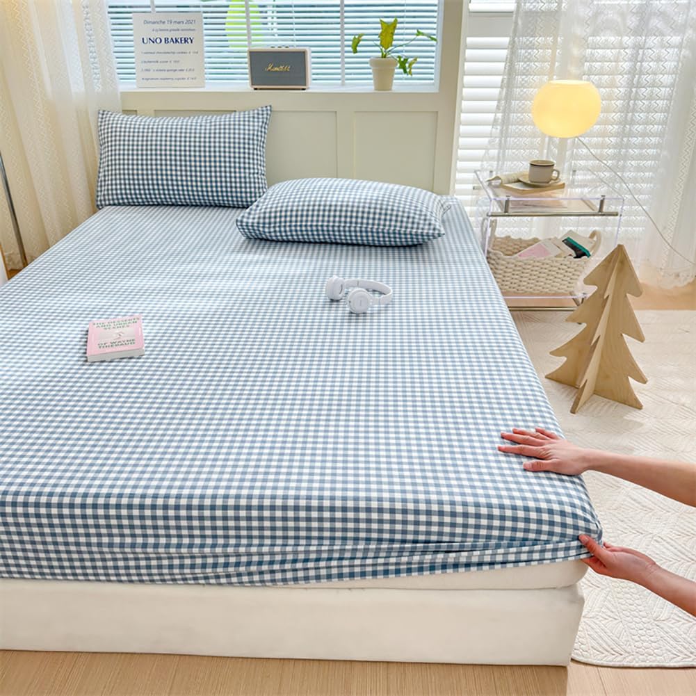 Blue Gingham King Fitted Sheet Soft 100% Washed Cotton Grid Bottom Sheet with 15" Deep Pocket 1 Piece Plaid Fitted Sheet Blue Gingham Bedding Farmhouse Comfortable and Breathable Mattress Cover