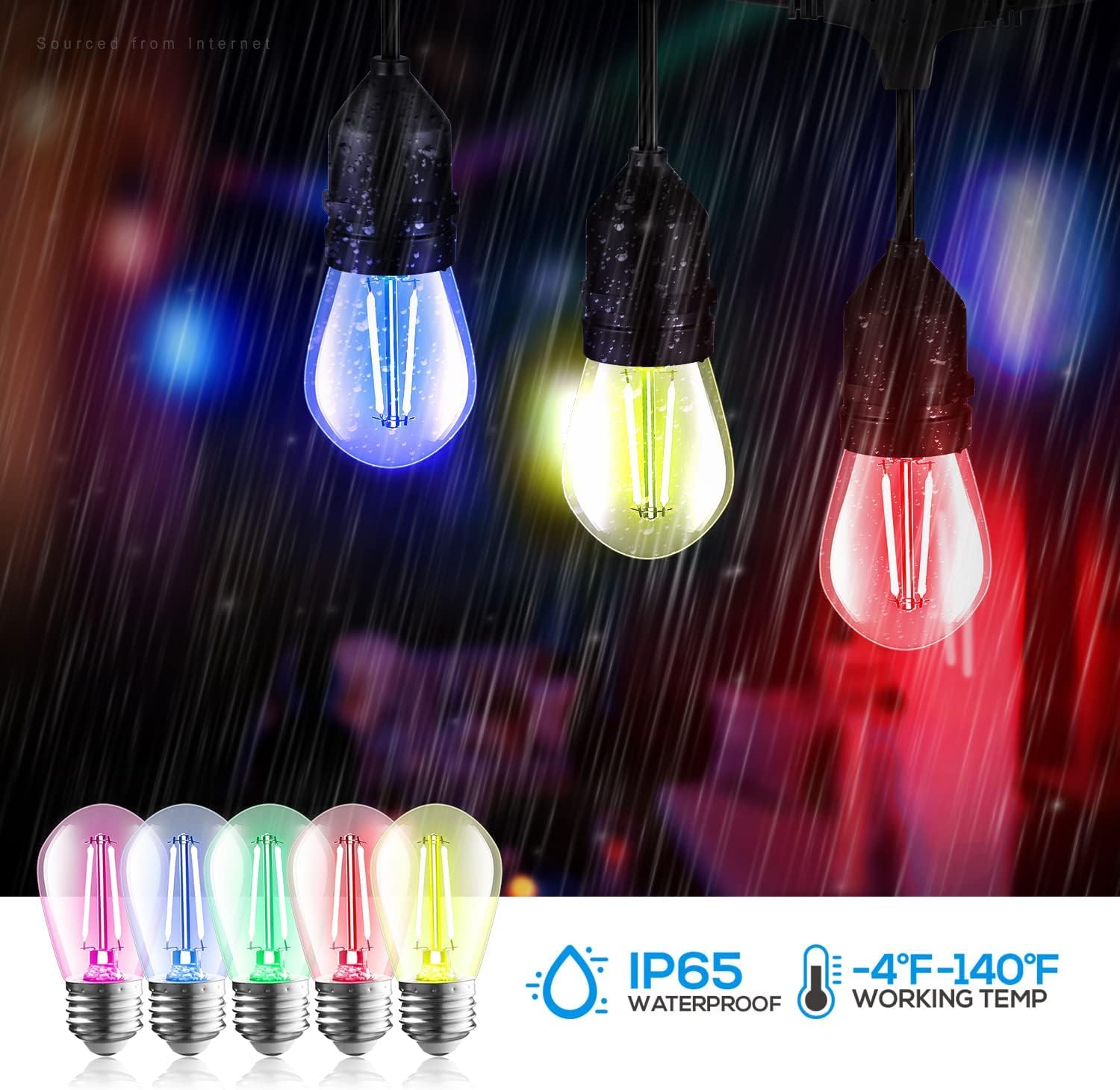 TORCHSTAR 15-Pack S14 Colored LED String Light Bulbs 1.2W, E26 Base, Non-Dimmable, Outdoor Filament Bulbs, 110V Shatterproof Replacement Bulb, IP65 Waterproof, ETL Listed