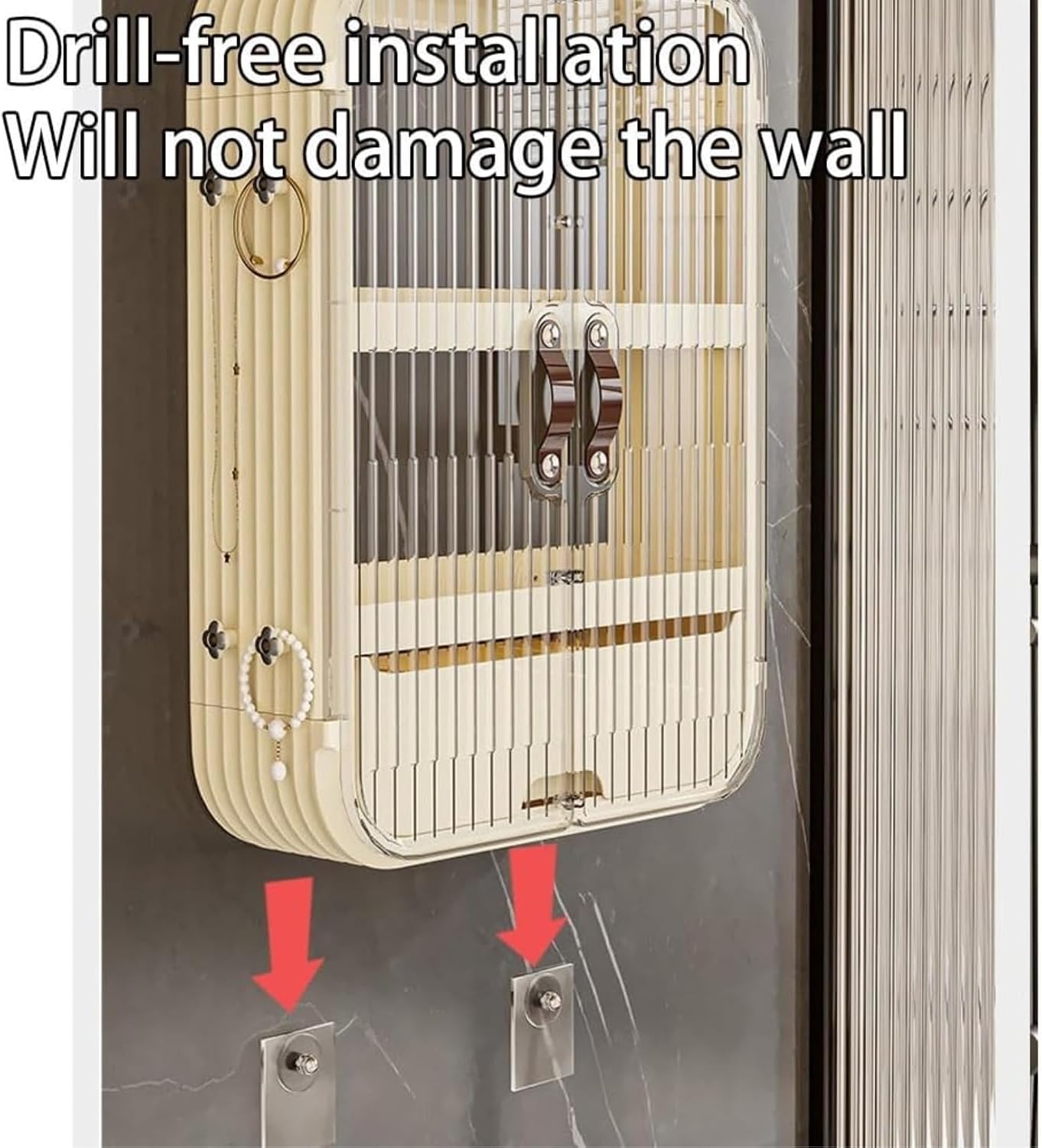 Wall Mounted Storage Cabinet No Drilling, Bathroom Wall Cabinet with Doors and Adjustable Shelves, Space Saving Organizer for Toiletries, Bedroom Essentials and Living Room Storage