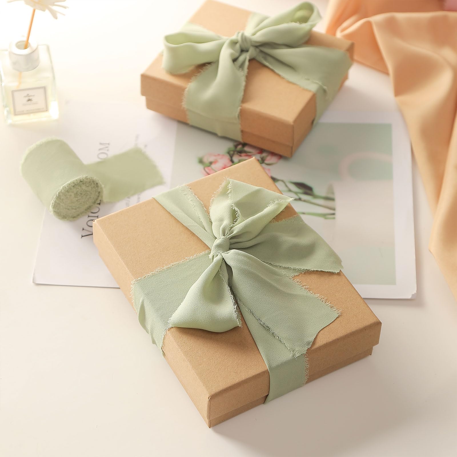 Pretty Jolly Green Chiffon Ribbon for Gift Wrapping 1 1/2 Inch 20Yd Wedding Car Ribbons Handmade Fringe Silk Ribbon for Cake Flower Bouquet Wedding Invitations DIY Crafts and Hair Bow - Image 4