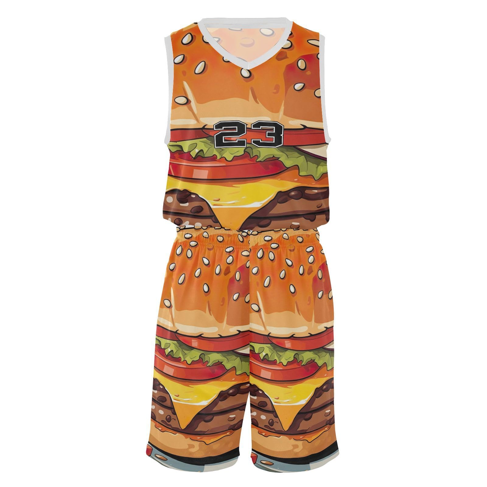 FLildon Cartoon Burger Boys Basketball Jersey Set Tank Top Shorts Tracksuit Sport Training Suit for Kids, L