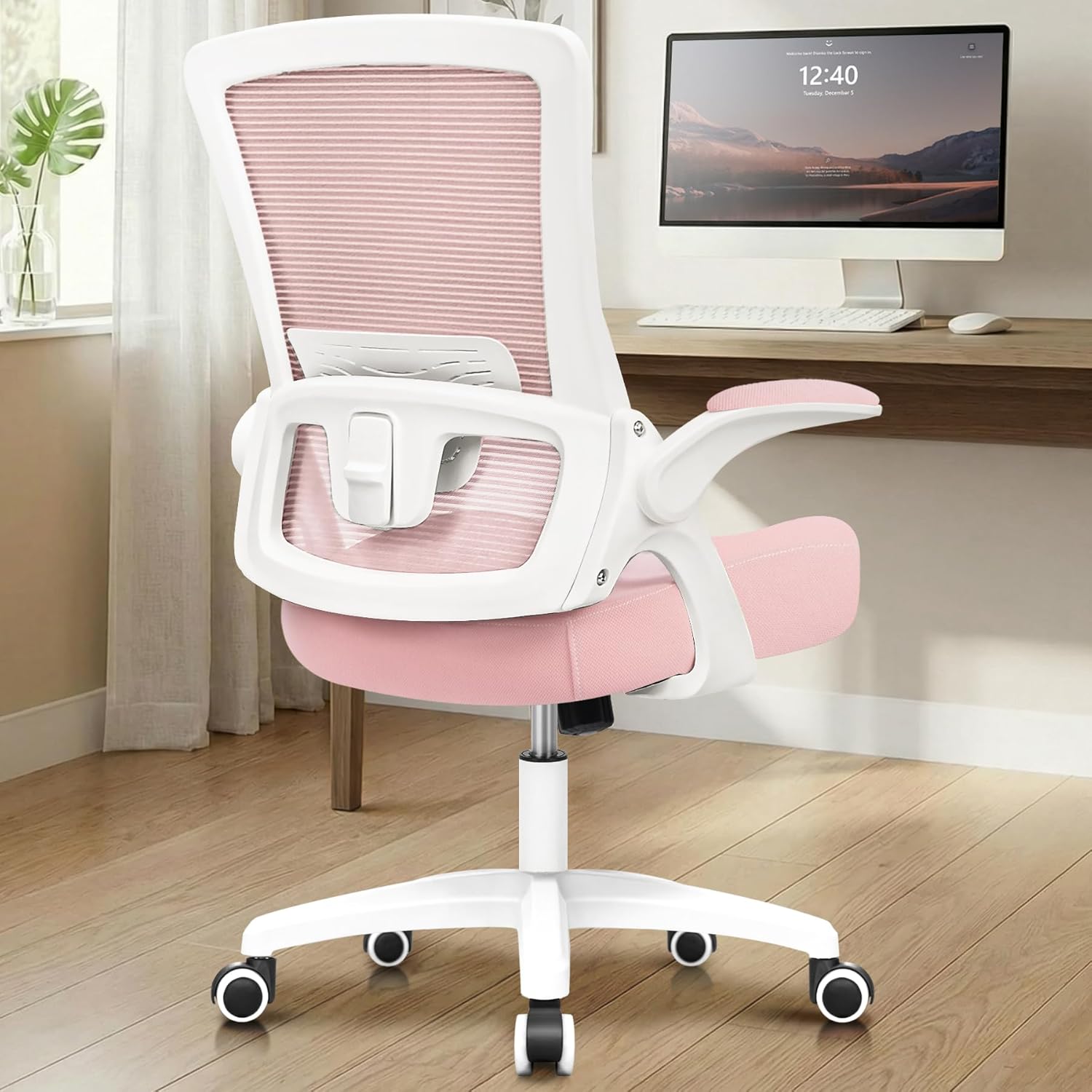 NEO CHAIR Office Desk Gaming Chair Computer High Back Mesh Seat with Rolling Wheels Ergonomic Adjustable Comfy Flip-up Armrests Lumbar Support Height for Home (Pink)