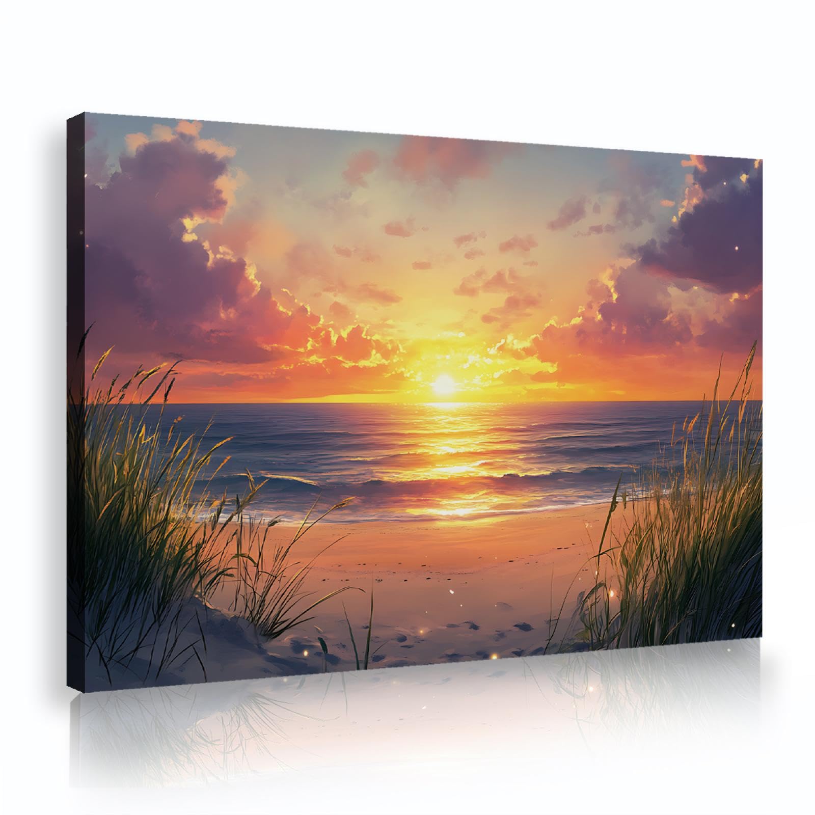 OSHIONARTE Sonnenaufgang und Sonnenuntergang Leinwandbilder gerahmt für Wohnzimmer Sandiger Weg zum Meer mit Seegras Bilder Druck auf Leinwand 60x90cm Innenrahmen