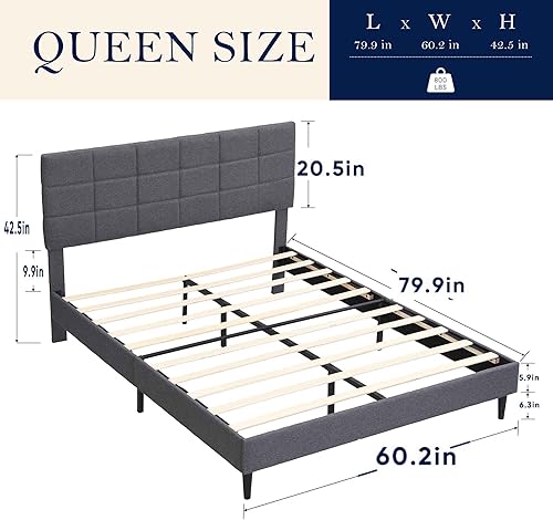 Miniatura 2 de Base de cama Queen con cabecera de tela, marco de cama tapizado, marco de cama resistente con soporte de listones de madera, base de colchón, no