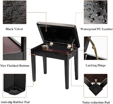 Bonnlo Padded Wooden Piano Bench with Music Storage Keyboard Stool Artist Benches Stool Tufted Seat,Black