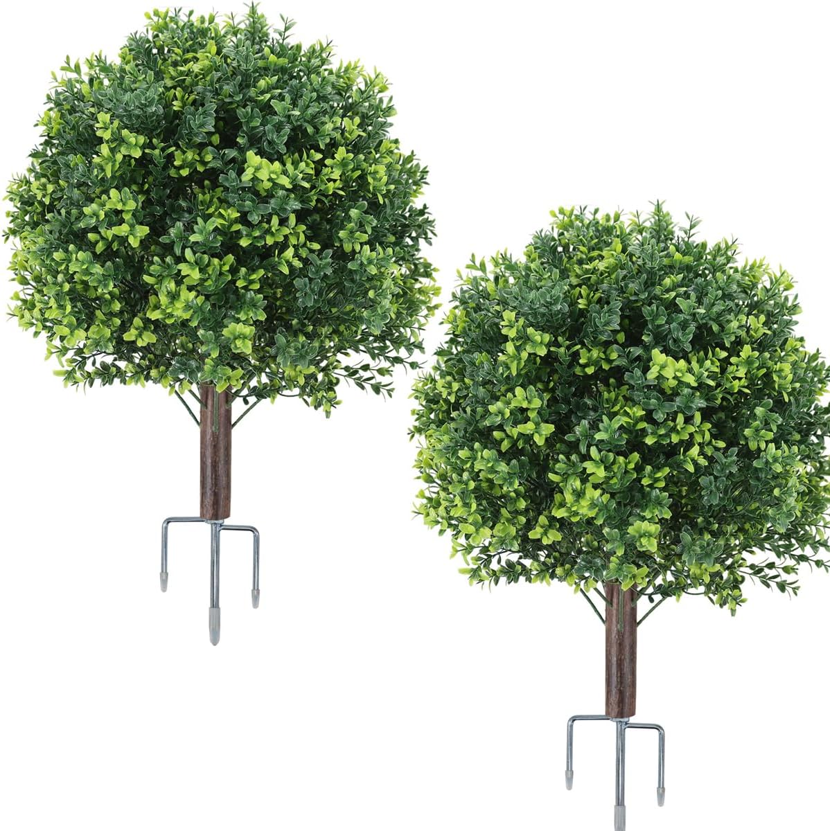 25.5" Artificial Boxwood Topiary Ball Trees with Ground Spikes, Set of 2 UV Resistant Faux Greenery Shrubs, Fake Evergreen Artificial Plant Bushes for Porch Patio Wedding