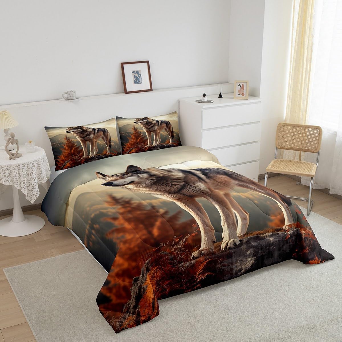 Castle Fairy Grey 3D Wolf Comforter Set King Size Wildlife Animal Bedding Set Bedroom Decor Pine Tree Mountain Quilt Set Breathable Nature Sunset Duvet Insert with 2 Pillowcases