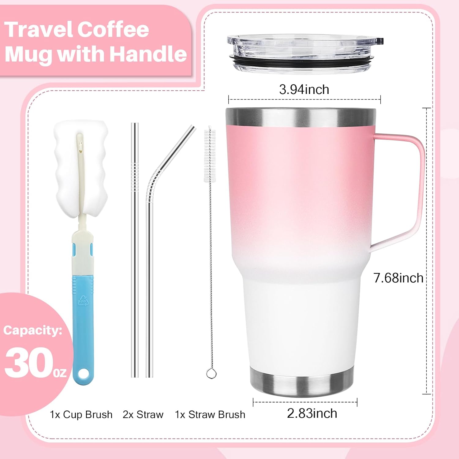 30 oz Stainless Steel Insulated Tumbler with Handle, Double Wall Vacuum Insulated Coffee Mug Tumbler, Thermal Cup for Cold and Hot (Pink White) - Image 2
