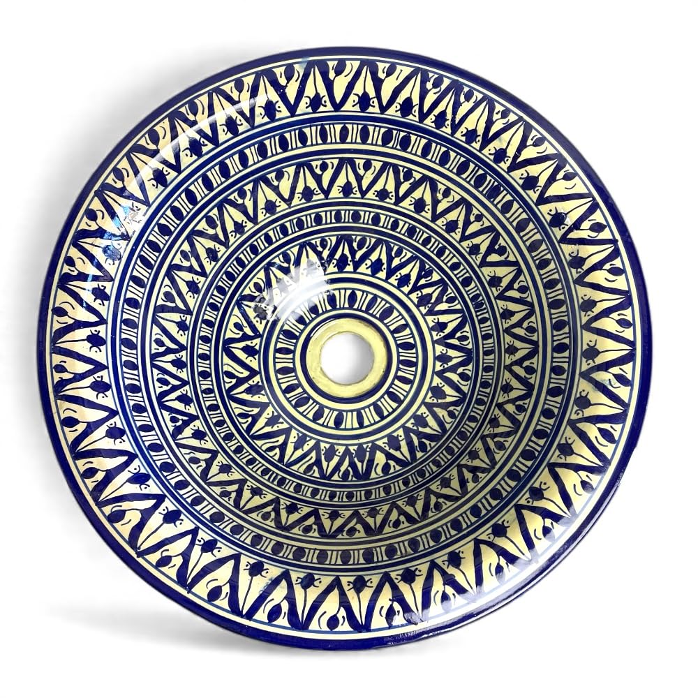 Lavabo Marocchino in Ceramica, Dipinto a Mano, Fes, 40 cm, Blu e Bianco, Motivo Orientale