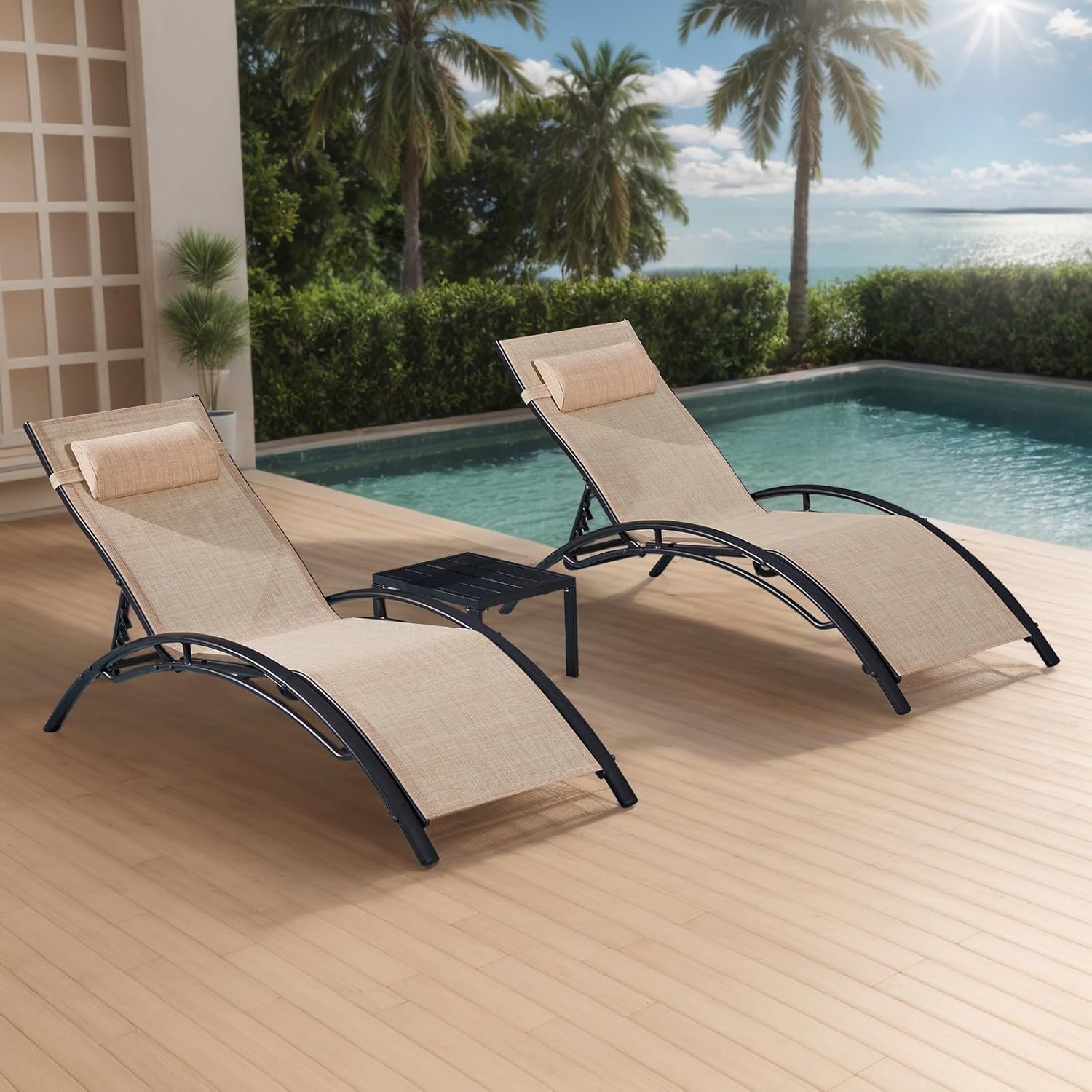 BUPPLEE Patio Chaise Lounge Set of 3, Pool Lounge Chairs with Pillow
