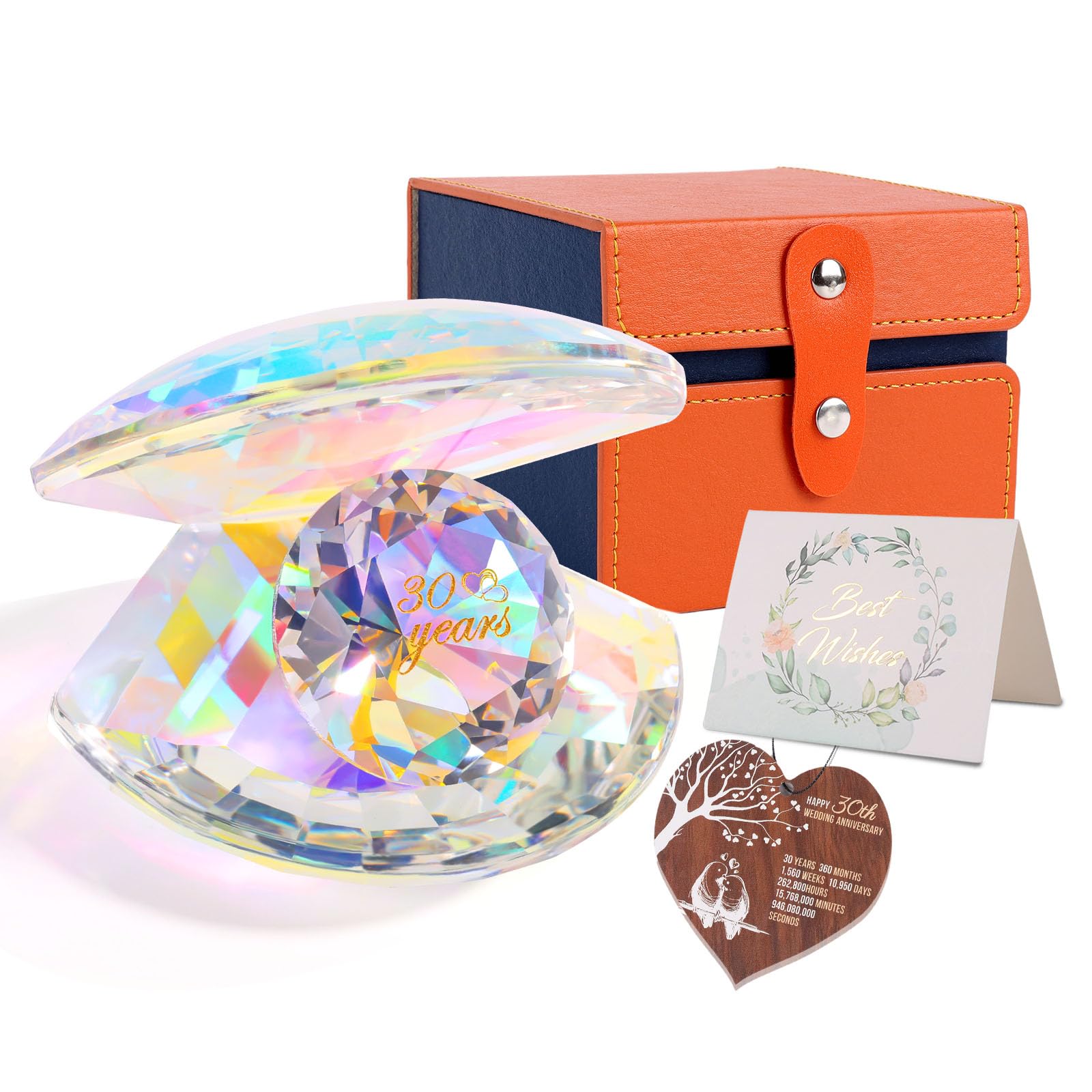 Pkinmonut Pearl Shells Crystal Ornaments 30th Wedding Anniversary Romantic Gifts for Couples 30th wedding Anniversary Presents for Parents glass ornaments with Wooden Heart Plaque and Card