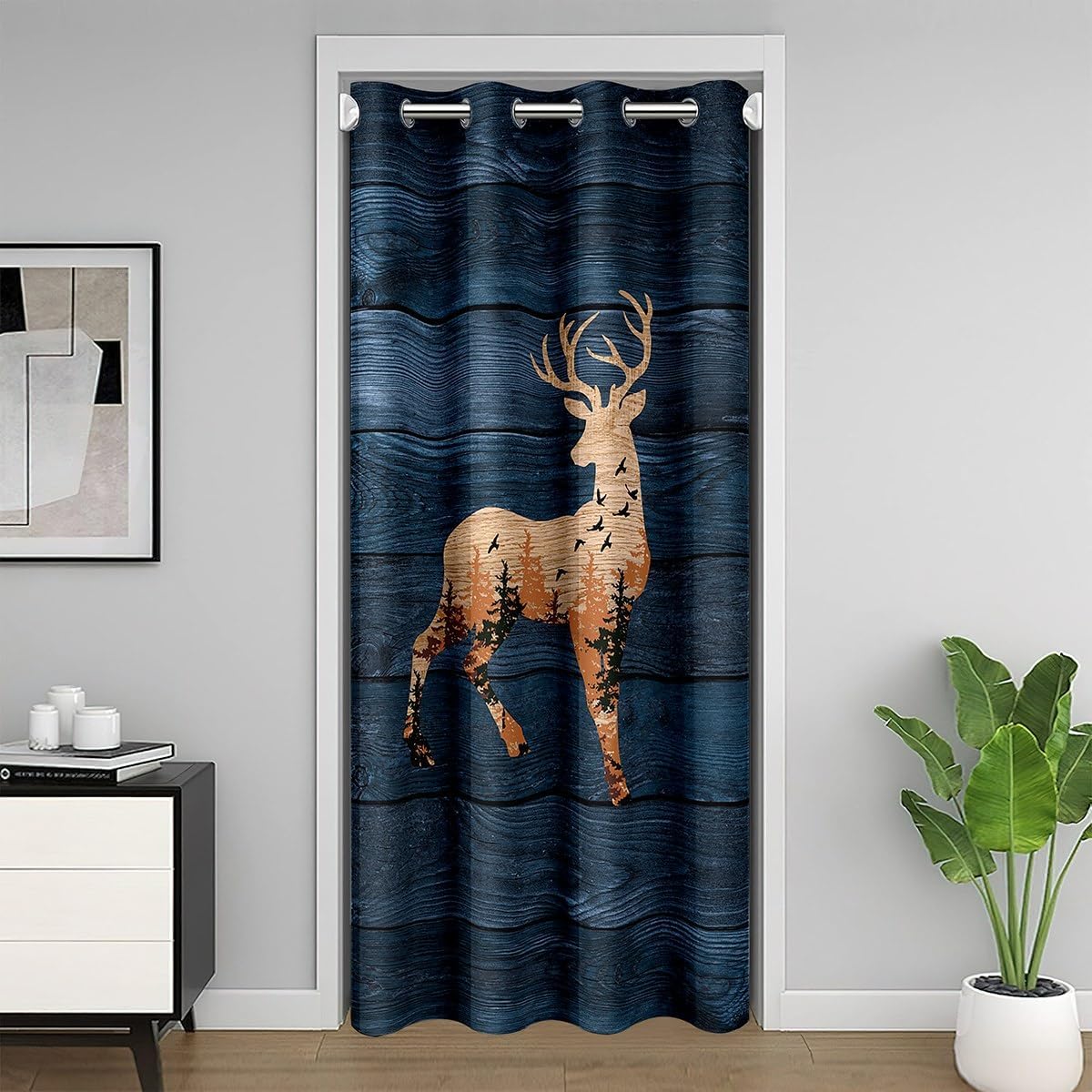 Castle Fairy Deer Silhouette Door Curtain,1 Panel 52" W X 80" L,Lodge Cabin Animal Wild Birds Door Drape for Bedroom Privacy,30%-50% Room Darkening Blackout Curtain for Bedroom