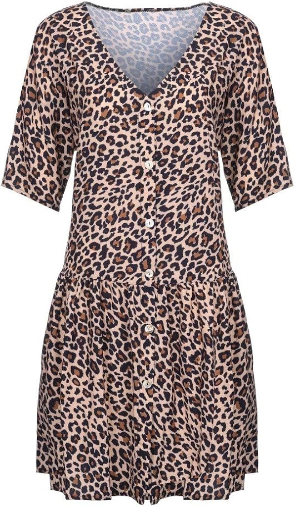 iLUGU Leopard Print Dresses for Women Sexy Half Sleeve V-Neck Button Up Midi Dress at  Women’s Clothing store
