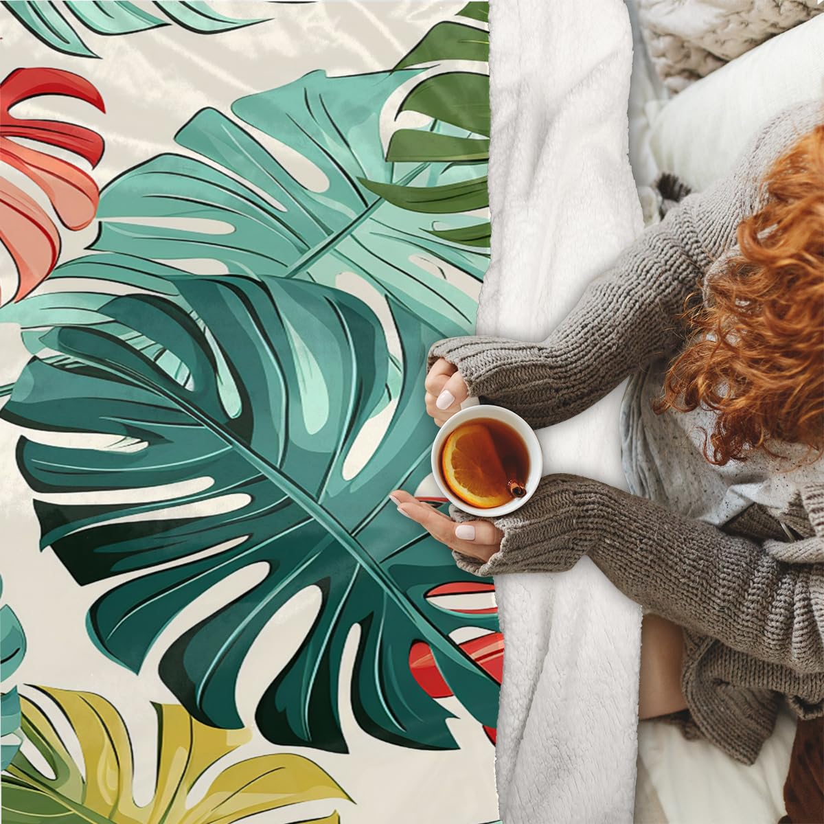 Manta de hojas de palma tropicales para sofá, manta cálida de invierno suave de lana de cordero para niños, mujeres y hombres