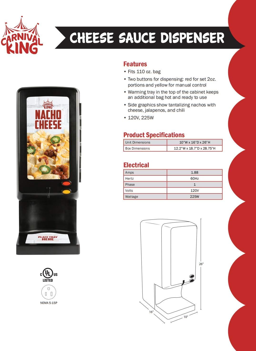 Carnival King CD225 Peristaltic Cheese Sauce Dispenser - 120V, 225W, Black