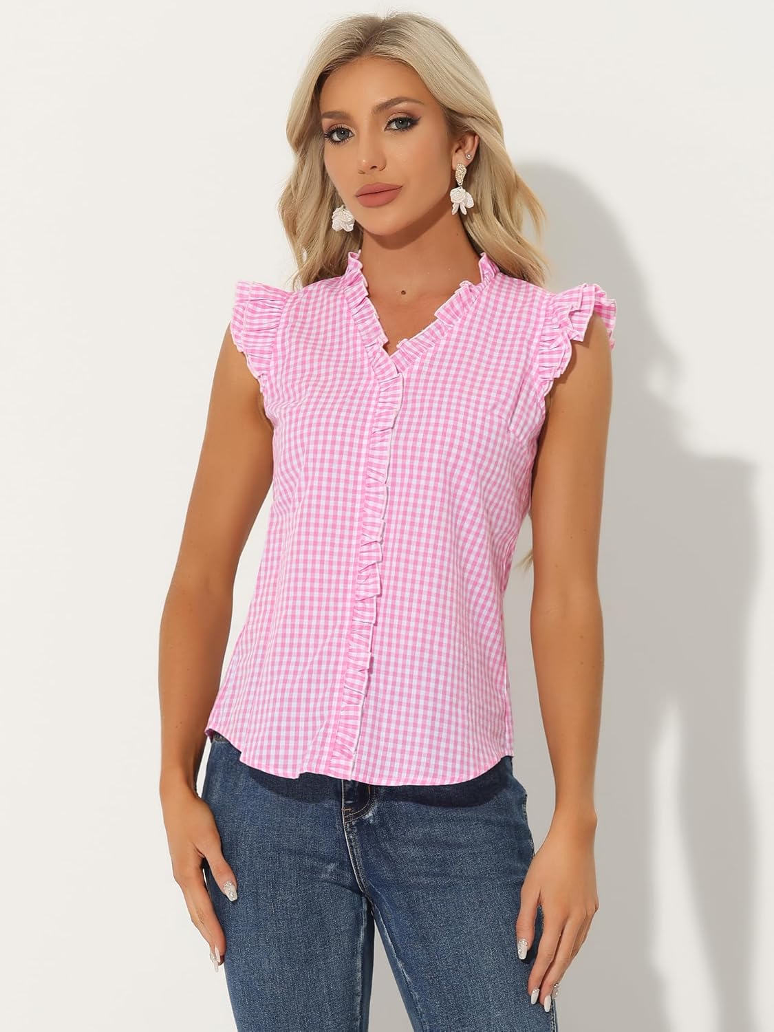 Allegra K Gingham 50s Tops for Women's Cute Cap Sleeve Ruffle Plaid Shirt - Image 3