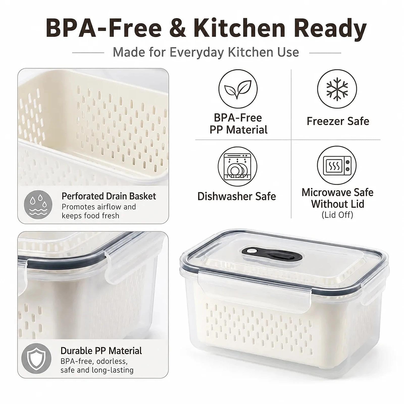 Produce Keeper - Recipientes de almacenamiento de alimentos para nevera, 4 en 1 con colador extraíble, cesta de drenaje, divisor y tapa hermética, ideal para bayas, verduras, preparación de comidas