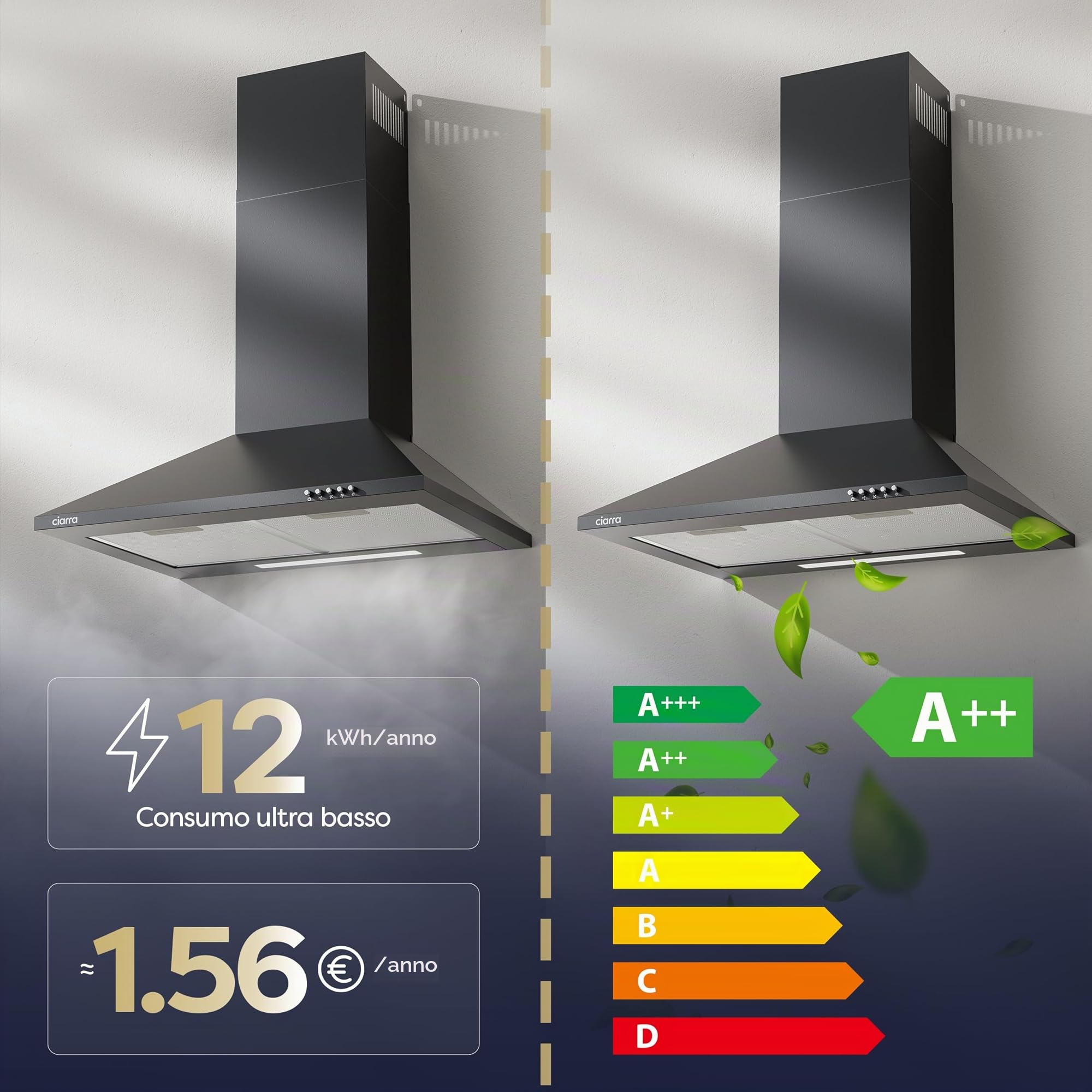 CIARRA CBCB6201 Cappa Aspirante Cucina 60 cm Classe A++ - Design Nero, 370 m³/h, 3 Livelli di Potenza, Montaggio a Parete con Filtro Carbone CBCF002X2