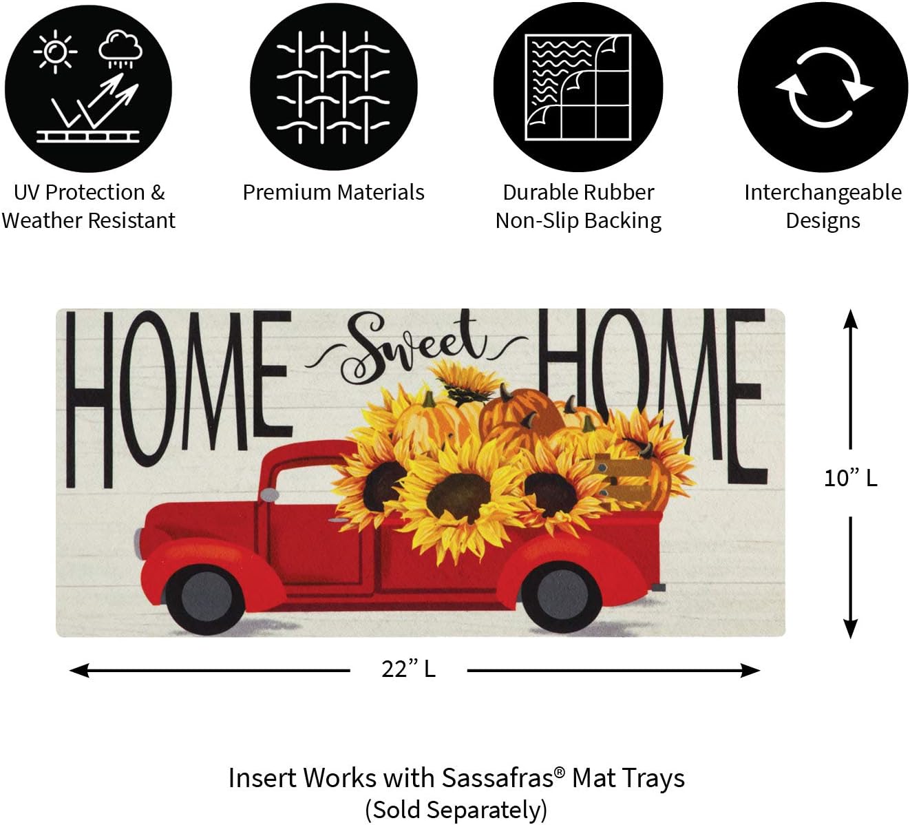 Evergreen Flag Sassafras Harvest Sunflower with Red Truck Interchangeable Entrance Doormat | Indoor and Outdoor | 22-inches x 10-inches | Non-Slip Backing | Low Profile | Fall Autumn Home Décor