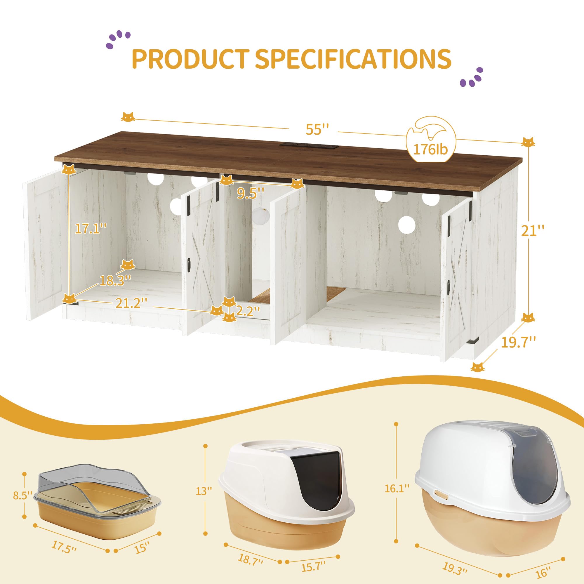Cat Litter Box Enclosure for 2 Cats, Hidden Litter Box Furniture Cabinet with Double Room, Indoor Cats House with USB Ports & Power Outlets, Farmhouse Style, Rustic Brown and White CB82514XV1 - image 7